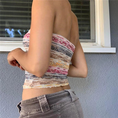 Xingqing y2k Off Shoulder Top Women Fairy Grunge Clothes Summer Sleeveless Lace Trim Patchwork Strapless Tshirt 2000s Streetwear