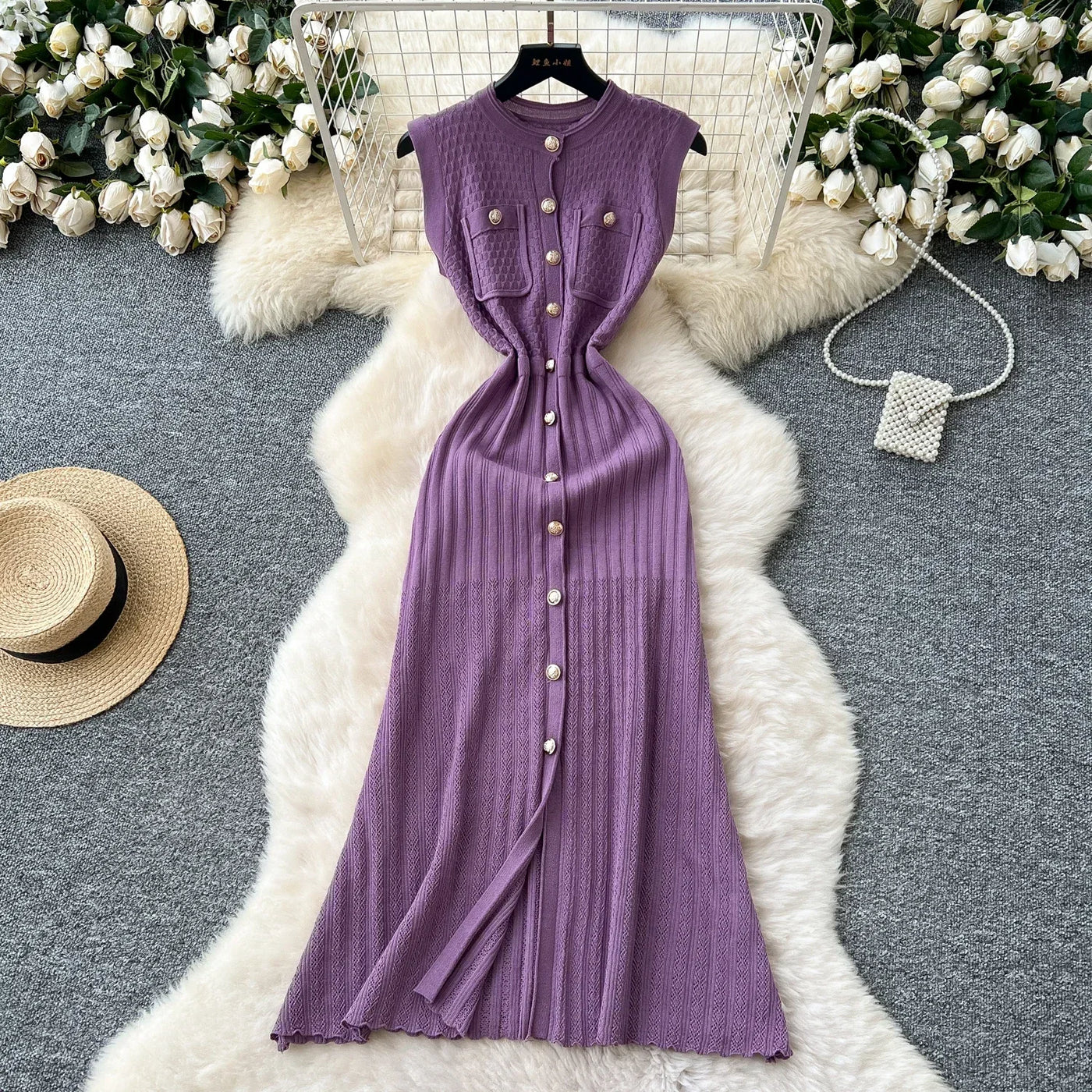 Women's Round Neck Sleeveless Dress Single-breasted Chic Elasticated Waist Slim Long Skirt   New High Quality Knitted Dress