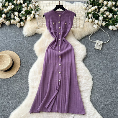 Women's Round Neck Sleeveless Dress Single-breasted Chic Elasticated Waist Slim Long Skirt   New High Quality Knitted Dress