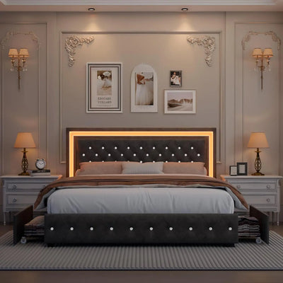 Queen LED Bed Frame, Upholstered Bed with 4 Drawers, Adjustable Upholstered Headboard Diamond Bed Frame, No Box Spring Needed