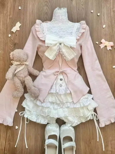 Japanese Sweet Preppy Style 2 Piece Set Women Kawaii Lace Patchwork Bow Tops + Y2k Plaid Mini Skirt Elegant Fashion Outifits New