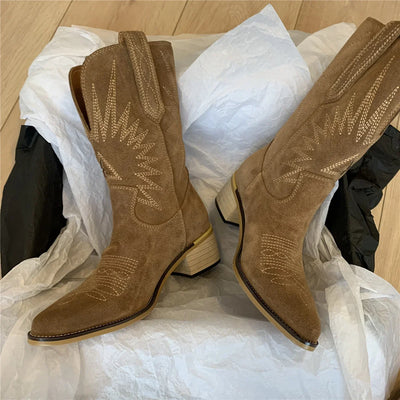 Women Western Boots  Autumn Winter Embroidery Flower Women Ankle Boot Fashion Women Shoes Pointed Toe Cowboy New Retro Botas