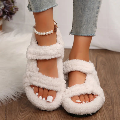 Lightweight Comfortable Sandals Woman Winter Warm Plush Sandals Ladies Brand Design Thick Sole Teddy Fur Outdoor Slipper Shoes