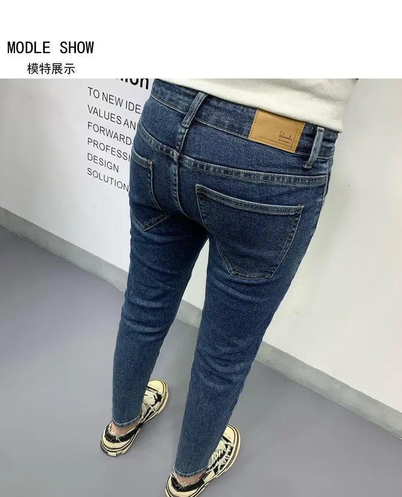 New Men's Slim Denim Jeans Casual Spring and Autumn Stretchy Skinny Pants Korean Style Trendy Cowboy Hip Hop Cropped Trousers