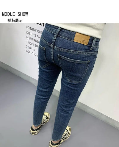 New Men's Slim Denim Jeans Casual Spring and Autumn Stretchy Skinny Pants Korean Style Trendy Cowboy Hip Hop Cropped Trousers