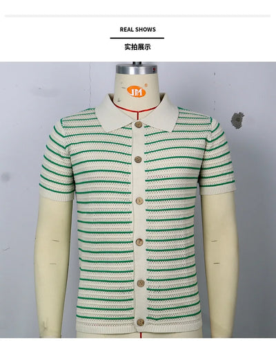 Men's Sexy See-through Knit Shirt Breathable Hollow Striped Shirt Summer New Men's Thin Coat Men's Clothing Hawaiian Shirt Tops