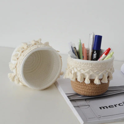 1Pcs Hand-woven Tassels Simple Nordic Cotton Rope Makeup Brush Stationery Pen Holder Storage Household Sundries Storage Basket