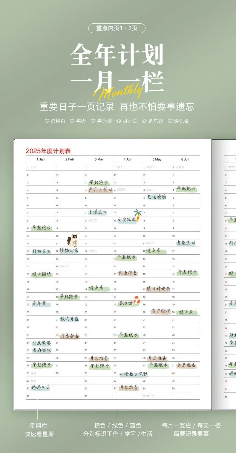 Portable 2025 Monthly Notes Notebook, A4/A5 Size 24 Sheets Annual Calendar Planner for School Travel Business Work Home Writing