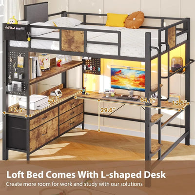 Loft Bed with L-Shaped Desk Full Size,Full Size Bed Frame with 5 Storage Drawers, Bunk Bed with Desk,1 Bedside Organizer