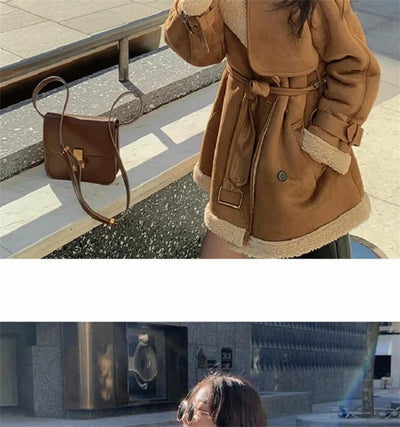 2024 Autumn Winter New Medium Long Double-breasted Lambswool Suede Woolen Coat Women Add Velvet Padded Warm Fur One Woolen Coats