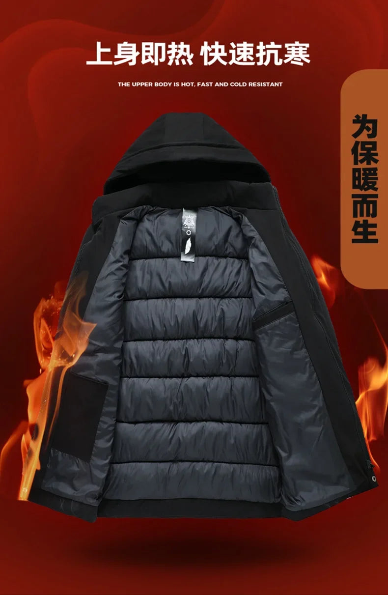 Fashion Men Long Parkas Coat Solid Slim Fit Warm Thicken Jacket Outwear Windproof Coat Hooded Cotton-padded Zipper Windbreaker