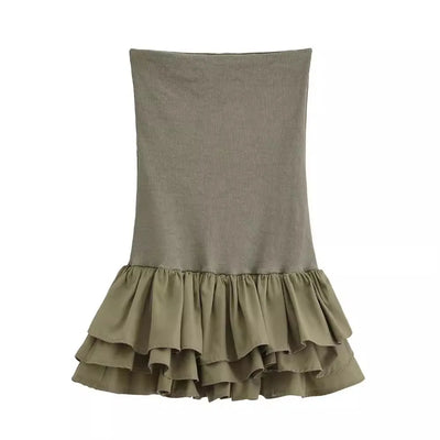 Off Shoulder Strapless Mini Dress Knitted Ruffle Layered Decorative Hem Dress Summer Backless Sexy Daring Party Short Dresses