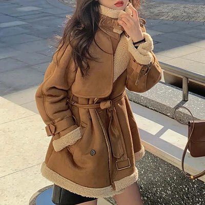 2024 Autumn Winter New Medium Long Double-breasted Lambswool Suede Woolen Coat Women Add Velvet Padded Warm Fur One Woolen Coats