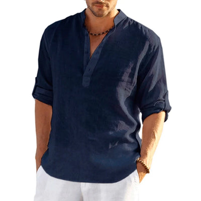 Men Cotton Linen T-shirts Summer V Collarless Long Sleeve Solid Sand Beachwear Office Man Tee Shirt Tops BSDFS-ZT167