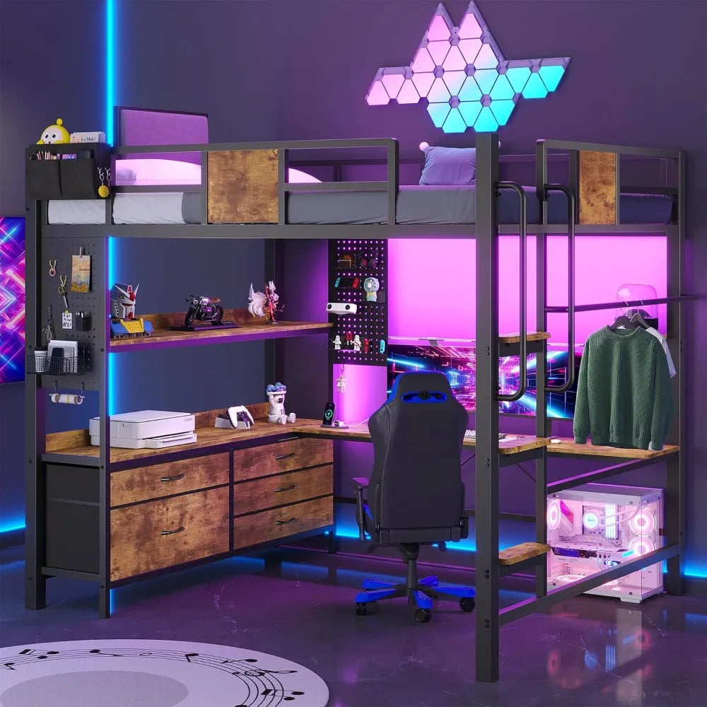 Loft Bed with L-Shaped Desk Full Size,Full Size Bed Frame with 5 Storage Drawers, Bunk Bed with Desk,1 Bedside Organizer