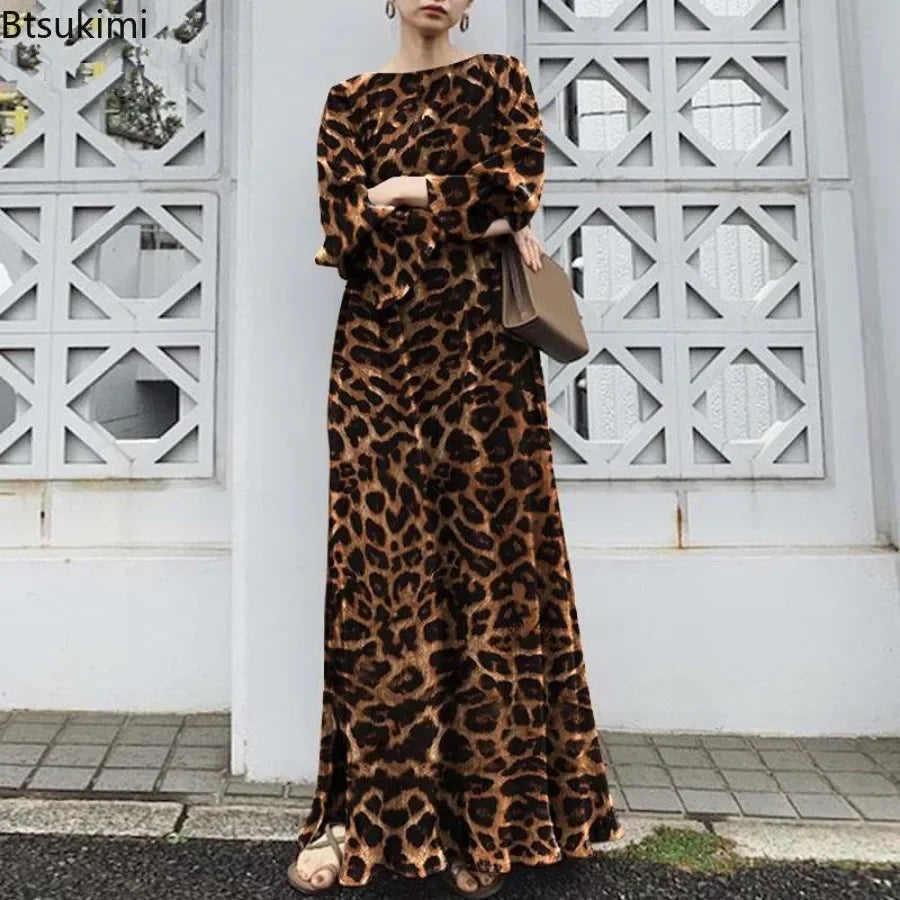 2025 Fashion Leopard Printing Maxi Dress Women's Spring Sundress Elegant Casual Long Sleeve Vintage Long Dresses Vestidos Female