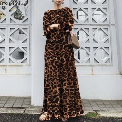 2025 Fashion Leopard Printing Maxi Dress Women's Spring Sundress Elegant Casual Long Sleeve Vintage Long Dresses Vestidos Female