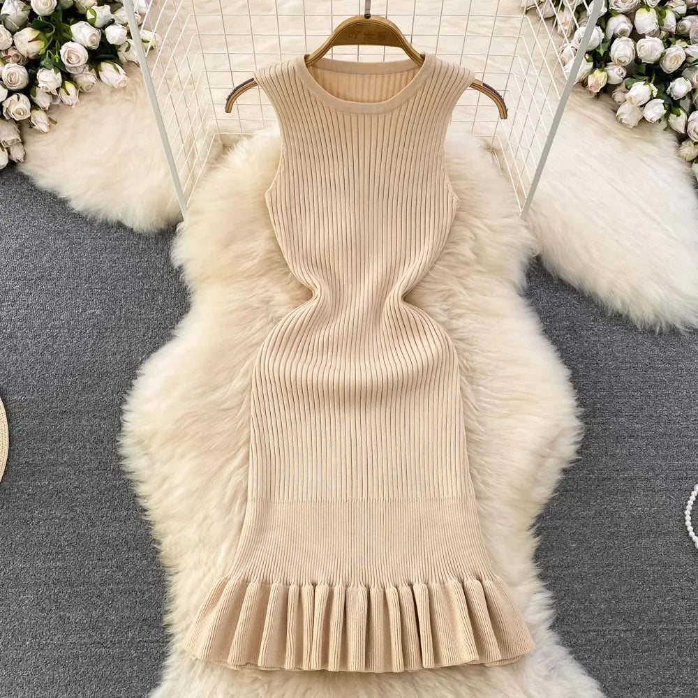 Chic Fashion Sexy Package Hipps Knitted Mini Dress Women Summer Elegant Ruffled Bodycon Dress Lady Streetwear Outfits