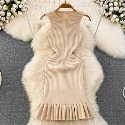 Chic Fashion Sexy Package Hipps Knitted Mini Dress Women Summer Elegant Ruffled Bodycon Dress Lady Streetwear Outfits
