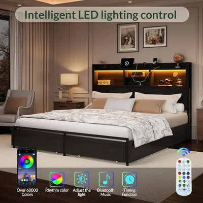 King Size Storage Bed Frame – 6 Built-In Drawers, Wooden Headboard & LED Lights with Charging Station
