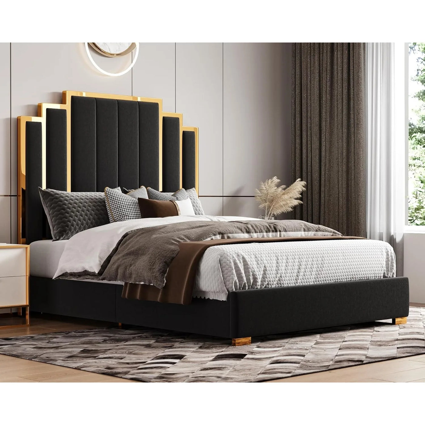 Large bed frame and 61 inch headboard, gold-plated upholstered soft mattress, modern platform bed without box spring, black