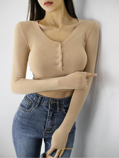 Button V-Neck Sexy Crop Top female long Sleeve Sashion Solid Color lady Tees Comfy Summer Basic Chic Thin T shirt See Through