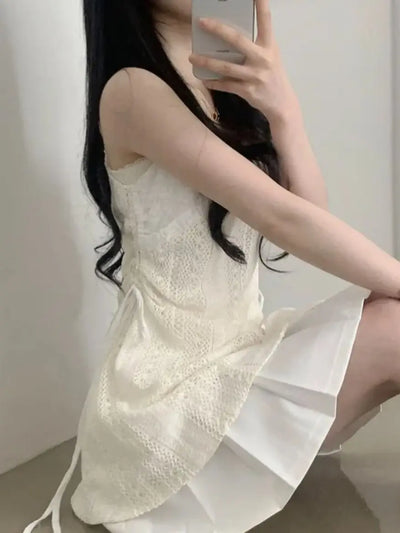 Hot Girl Korean Style Drawstring Lace-up Waist Lace Short Suspender Dresses + White Inner Wear Bottoming Sling Top Two-piece Set