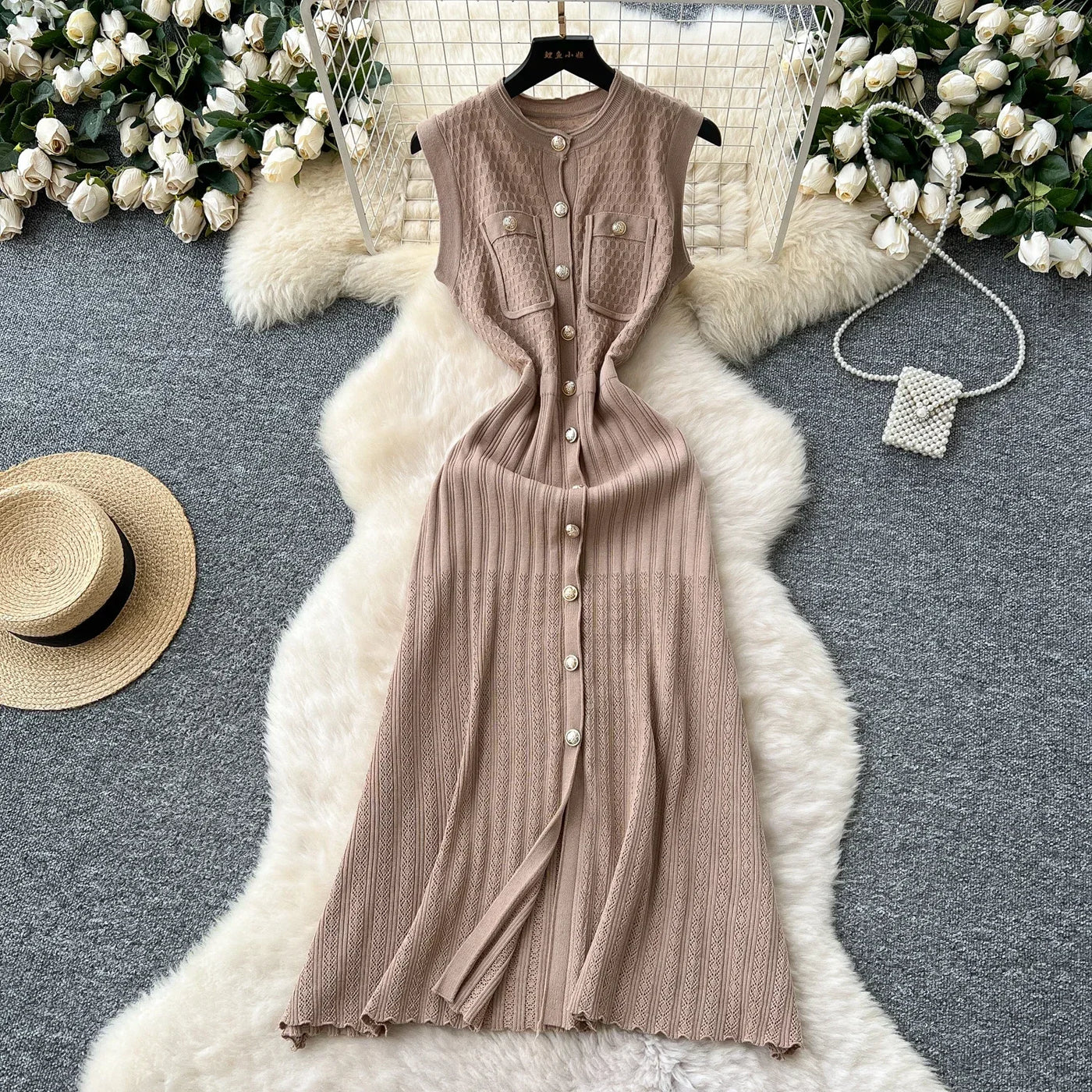 Women's Round Neck Sleeveless Dress Single-breasted Chic Elasticated Waist Slim Long Skirt   New High Quality Knitted Dress