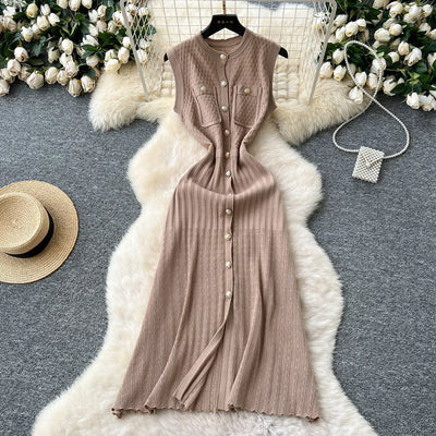 Women's Round Neck Sleeveless Dress Single-breasted Chic Elasticated Waist Slim Long Skirt   New High Quality Knitted Dress