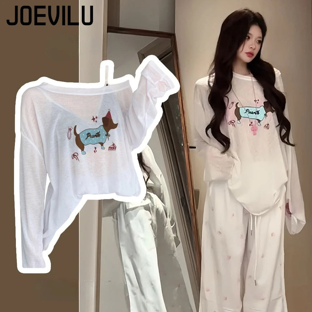 Women's Summer White Sheer Dachshund Print Loose Slim-Fit Long Sleeve T-Shirt Sun Protection Cover-Up Sweet Sexy Casual Lazy Top