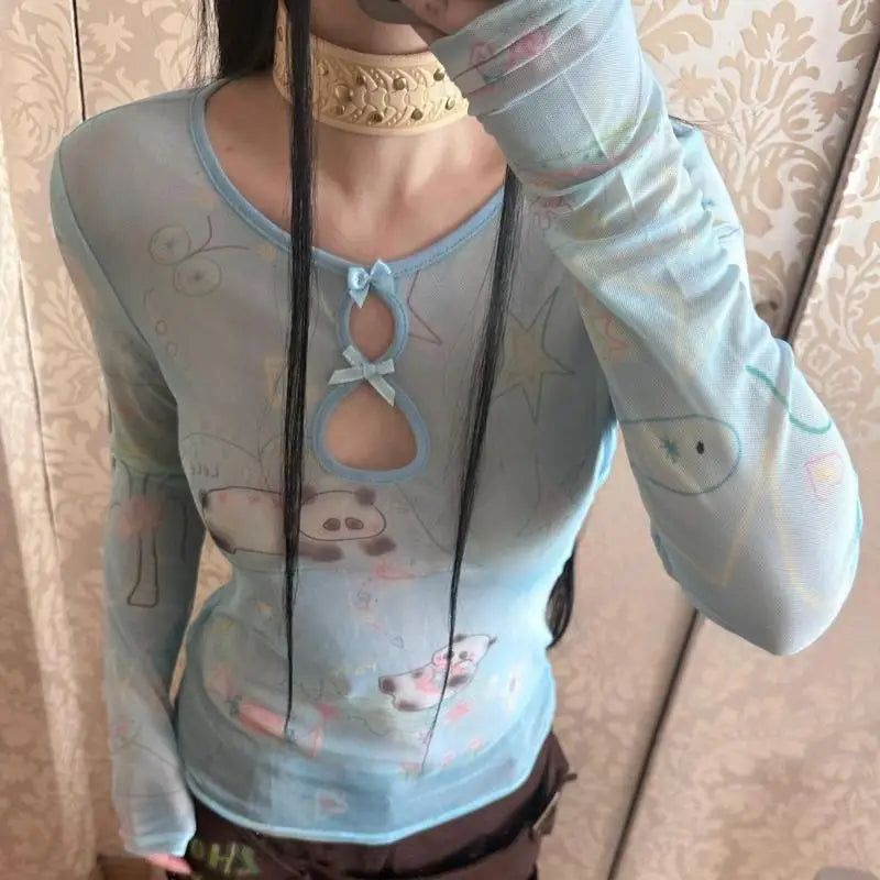 Yedinas Y2k Blue Mesh Tops Long Sleeve T Shirt Women Clothes Slim Spring Tops See Through Sheer Tshirts Grunge Aesthetics Tees