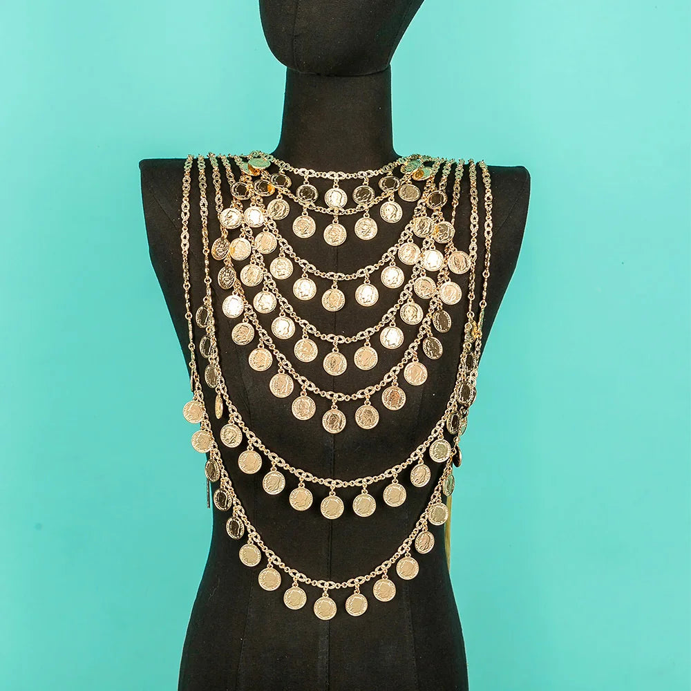 Algerian Wedding Bride Gold Color Necklace Handmade Multi-layer Human Head Chest Chain Coin Necklace Caftan Body Chain Jewelry