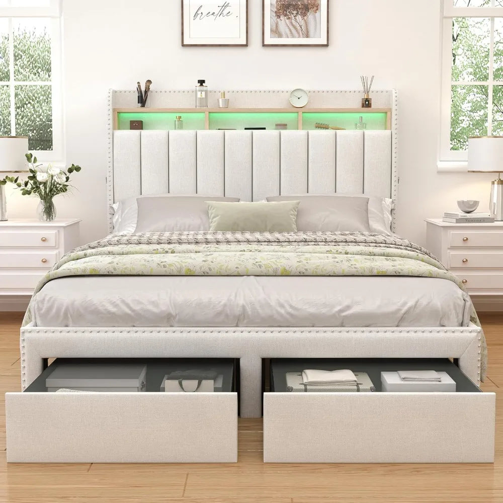 Queen LED Bed Frame with 2 Drawers, Modern Platform Beds with 2 Tier Linen Upholstered Storage Wingback Headboard, Channel