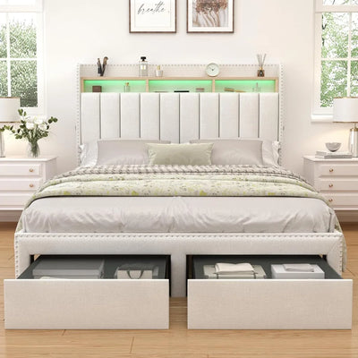 Queen LED Bed Frame with 2 Drawers, Modern Platform Beds with 2 Tier Linen Upholstered Storage Wingback Headboard, Channel