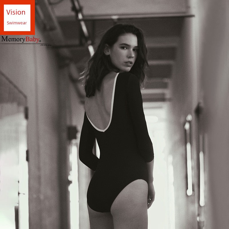 Memorybaby Holiday New Retro Elegant Conservative Cover Belly Thin Stunning Open Back Long-Sleeved One-Piece Swimsuit