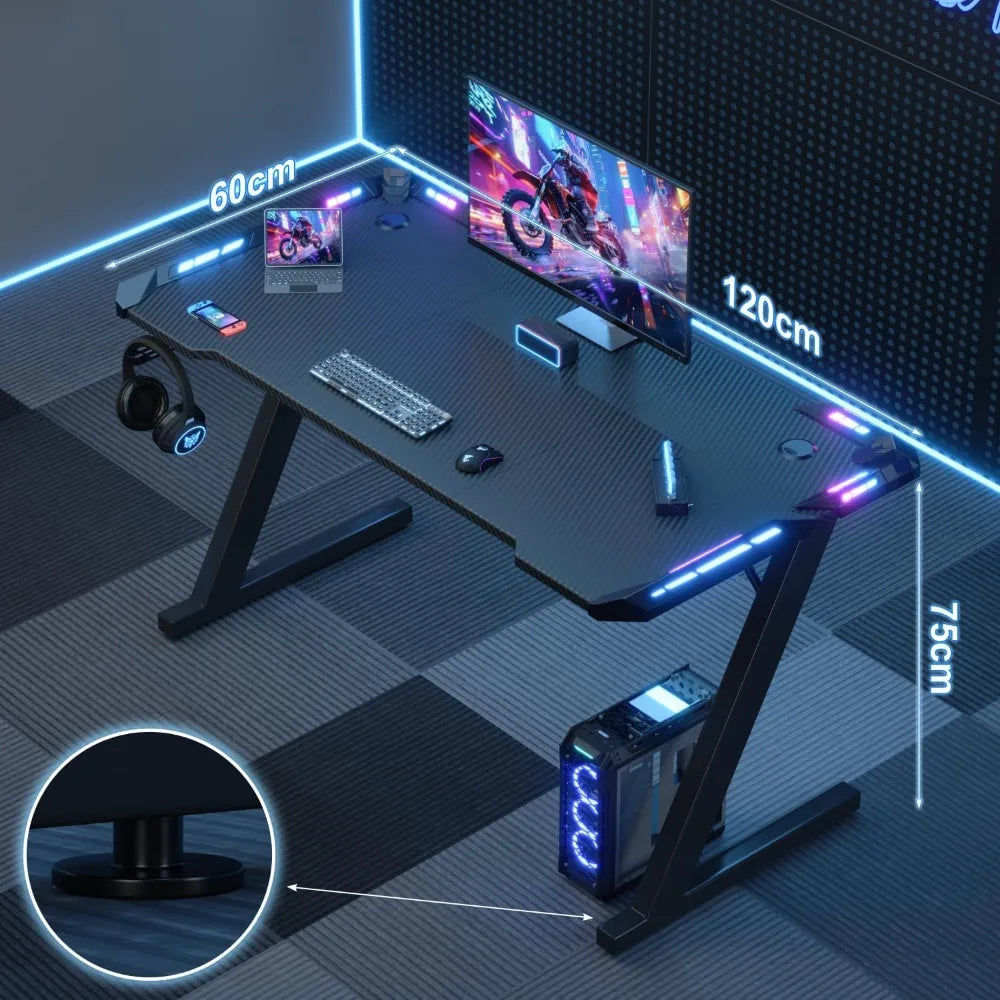 LED Gaming Desk 120 x 60 cm, Gaming Desk with RGB Light, Cup Holder and Hook for Headphones, Ergonomic Computer Table