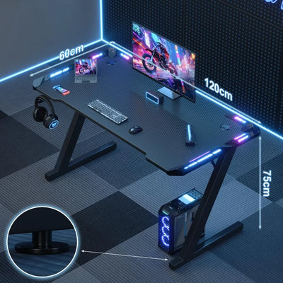 LED Gaming Desk 120 x 60 cm, Gaming Desk with RGB Light, Cup Holder and Hook for Headphones, Ergonomic Computer Table