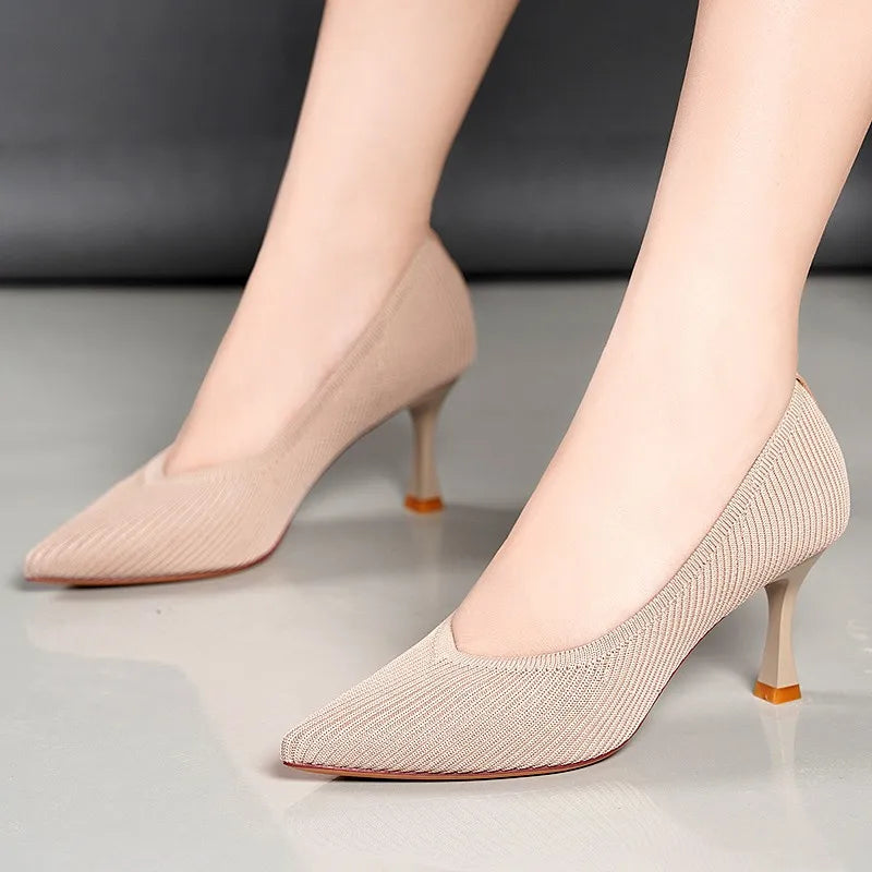 2022 Pointed Toe Single Shoes High Heels Simple Solid Color Knitting Woman Shoes Spring Autumn Latex Insole