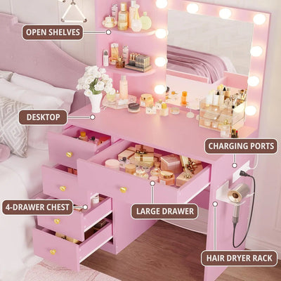 Vanity Desk with Mirror and Lights,Small Makeup Vanity Table with 5 Drawers, Dressing Table for Women Girls Bedroom