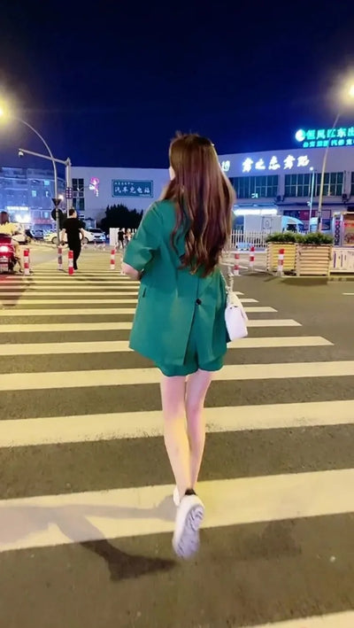 Women's 2025 New Summer High-end Fashion Outfits And Suit Collar Short Sleeve Solid Coat Pop Shorts Two Piece Set Women Clothing