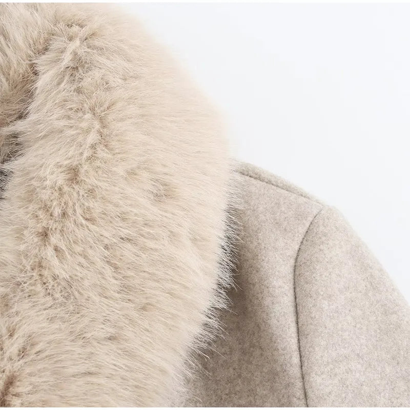 Elegant Fur Lapel Long Coat Women With Belt Woolen Full Sleeve Lace Up Loose Thicken Overcoat 2025 Spring Solid Pocket Outwear