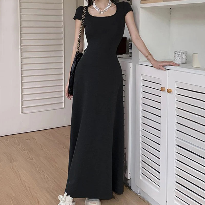 Rimocy Slim Fit Sexy Maxi Dresses for Women 2024 Summer Short Sleeve Bodycon Dress Woman Round Neck Party Club Sundress Ladies