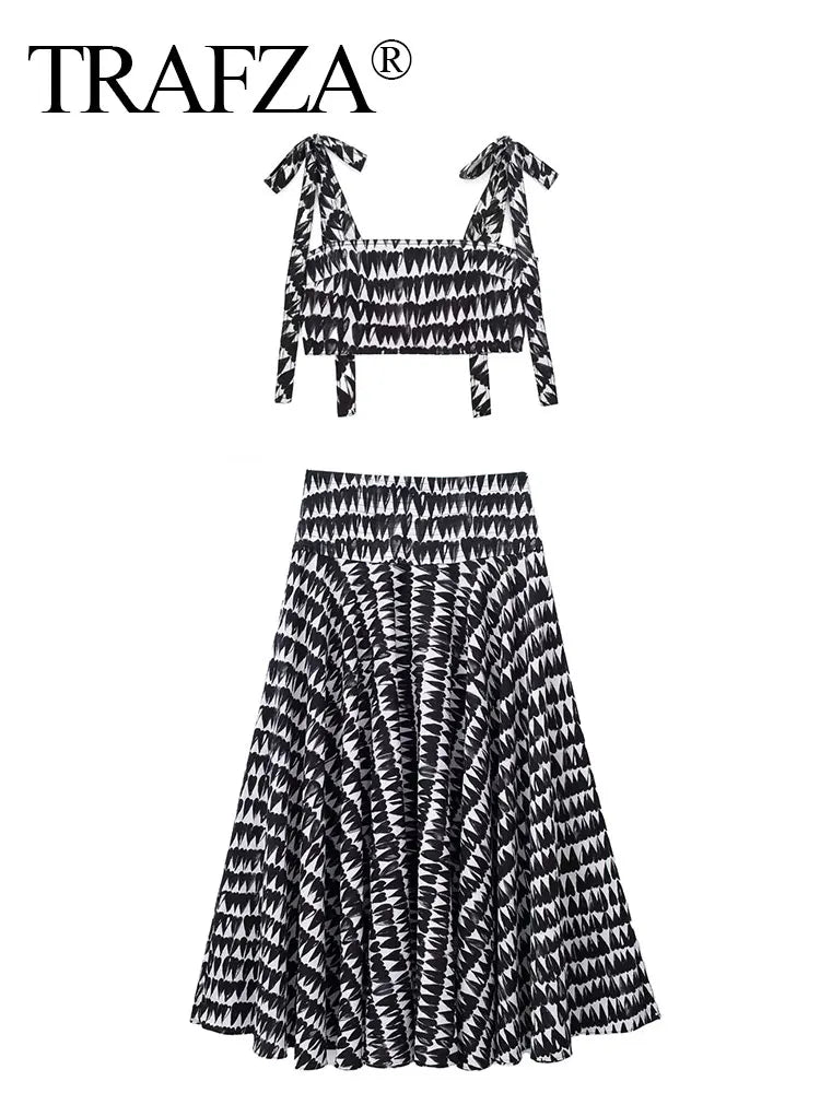Women Fashion Print Skirts Suit Sexy Backless Sleeveless Slim Corset Crop Top Side Zipper Midi Skirt Y2K Streetwear Sets