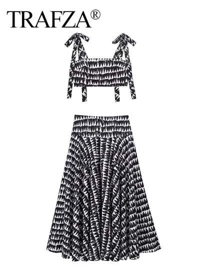Women Fashion Print Skirts Suit Sexy Backless Sleeveless Slim Corset Crop Top Side Zipper Midi Skirt Y2K Streetwear Sets