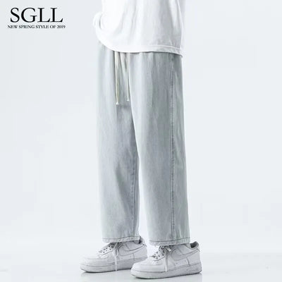2025 Spring and Autumn New Jeans Men's Loose Straight Straight Solid Color Casual Trendy Versatile Wide Leg Long Pants