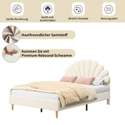 Double bed 140x200 cm, upholstered bed with flower-shaped headboard and slatted frame, stable bed frame, children's bed