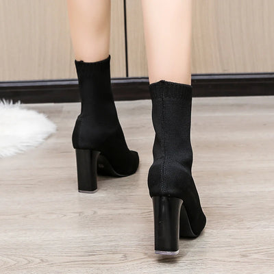 Women Boots Elastic High Heels Boots Breathable Thin Heels Botas Mujer Slip on Ankle Boots Elegant Woman Heeled Shoes D214
