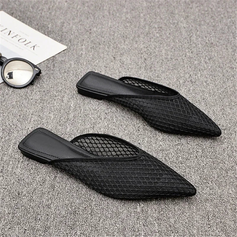 Women's Pointed Toe Slippers 2024 Summer Designer Mesh Beach Flat Shoes Slides Outside Mules Gladiator Sandals Zapatos De Mujer
