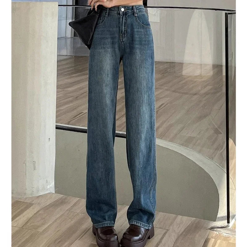 Woman High Waist Stacked Straight Leg Jeans Female Gothic Loose Wide Leg Pants Girls Y2k Black Blue Light Blue Denim Trousers