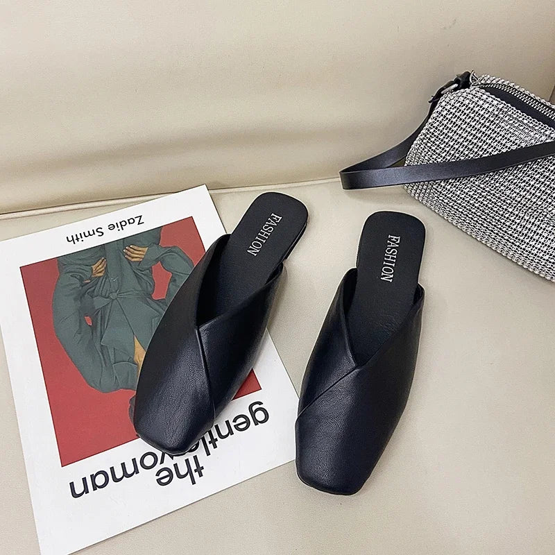 Women Mules 2024 Summer Elegant Square Closed Toe Flat Slippers Female Shoes Casual Leather Black White Slides Plus Size 35-43